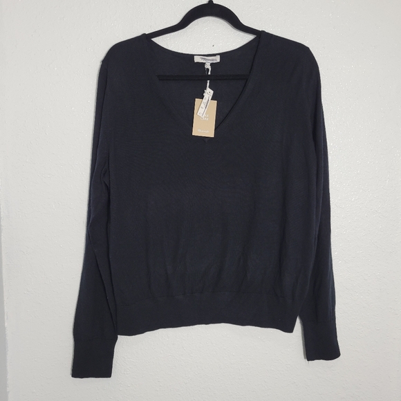 Madewell Merino Wool-Silk Blend V-Neck Sweater NT597 Size L Black - Picture 5 of 8
